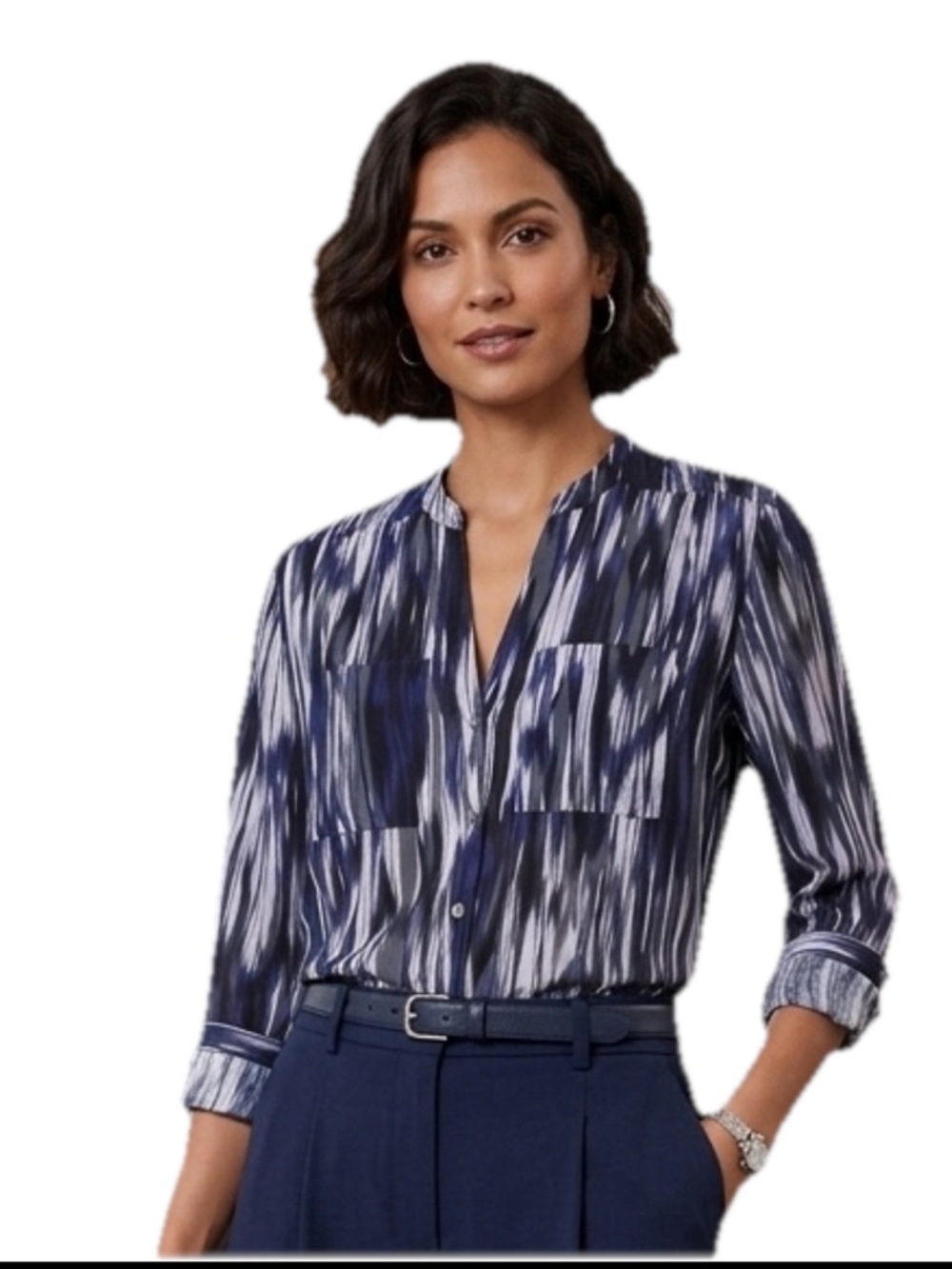 Two by Vince Camuto Blue Abstract Ikat Blouse PXS